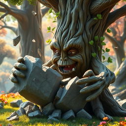 A whimsical tree character featuring a detailed face with expressive eyes and a wide mouth, alongside sturdy arms that exude strength, is in the act of shattering a large stone into pieces