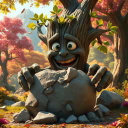 A whimsical tree character featuring a detailed face with expressive eyes and a wide mouth, alongside sturdy arms that exude strength, is in the act of shattering a large stone into pieces