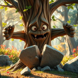 A whimsical tree character featuring a detailed face with expressive eyes and a wide mouth, alongside sturdy arms that exude strength, is in the act of shattering a large stone into pieces