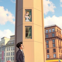 A five-story tall tower with a large window from which a beautiful woman is waving gracefully