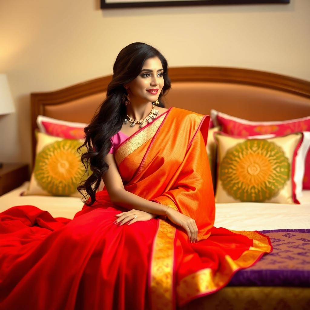 A beautiful Indian woman wearing a pink blouse and a flowing red saree, sitting gracefully on a plush bed