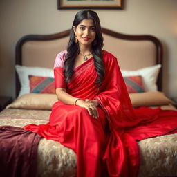 A beautiful Indian woman wearing a pink blouse and a flowing red saree, sitting gracefully on a plush bed