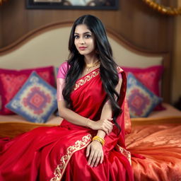 A beautiful Indian woman wearing a pink blouse and a flowing red saree, sitting gracefully on a plush bed