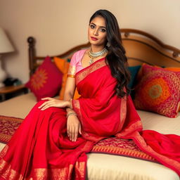 A beautiful Indian woman wearing a pink blouse and a flowing red saree, sitting gracefully on a plush bed