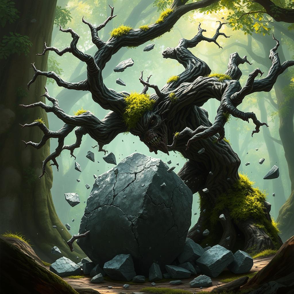 A twisted treefolk character with gnarled branches and a contorted trunk is in the process of shattering a large stone into pieces