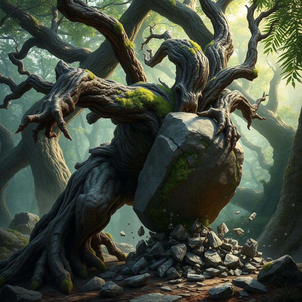 A twisted treefolk character with gnarled branches and a contorted trunk is in the process of shattering a large stone into pieces