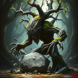 A twisted treefolk character with gnarled branches and a contorted trunk is in the process of shattering a large stone into pieces