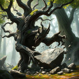 A twisted treefolk character with gnarled branches and a contorted trunk is in the process of shattering a large stone into pieces