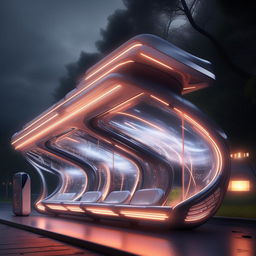 A captivating supernatural yet super beautiful futurist bus stop, rich in advanced technology and ethereal elements.