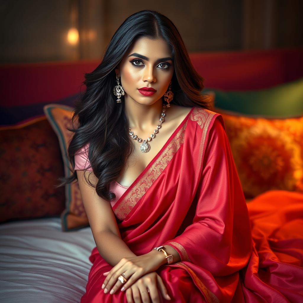 A glamorous Indian woman with alluring features wearing a pink blouse that highlights her curves and a flowing red saree, sitting elegantly on a plush bed