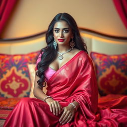 A glamorous Indian woman with alluring features wearing a pink blouse that highlights her curves and a flowing red saree, sitting elegantly on a plush bed