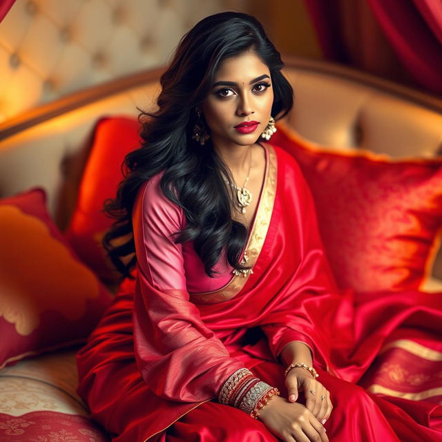 A glamorous Indian woman with alluring features wearing a pink blouse that highlights her curves and a flowing red saree, sitting elegantly on a plush bed