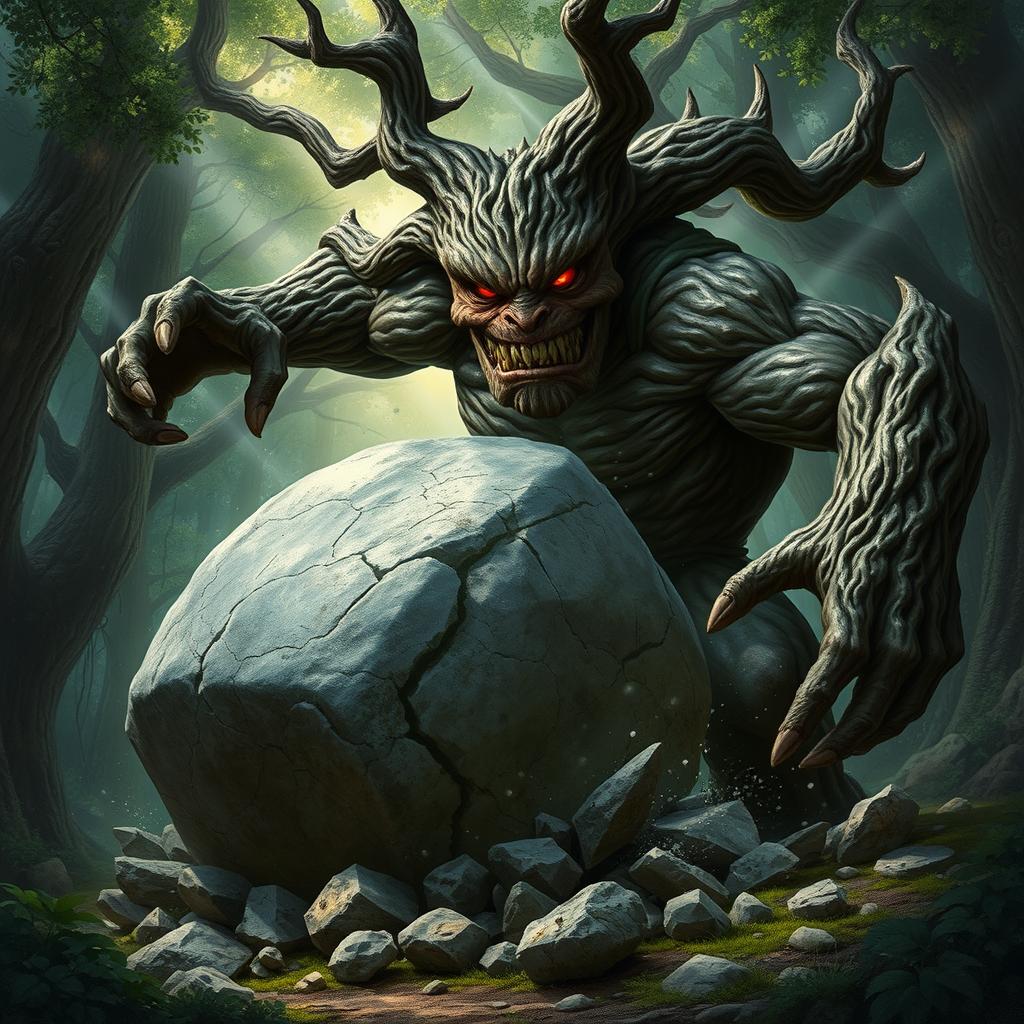 A gnarled alder treefolk character, with deeply twisted branches resembling a muscular physique, is charging directly at the viewer, smashing through a large boulder with tremendous force