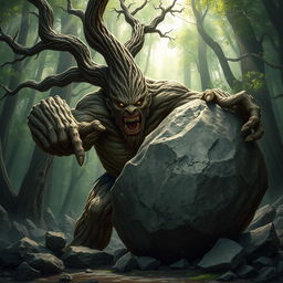 A gnarled alder treefolk character, with deeply twisted branches resembling a muscular physique, is charging directly at the viewer, smashing through a large boulder with tremendous force