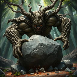 A gnarled alder treefolk character, with deeply twisted branches resembling a muscular physique, is charging directly at the viewer, smashing through a large boulder with tremendous force