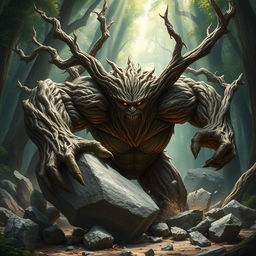 A gnarled alder treefolk character, with deeply twisted branches resembling a muscular physique, is charging directly at the viewer, smashing through a large boulder with tremendous force