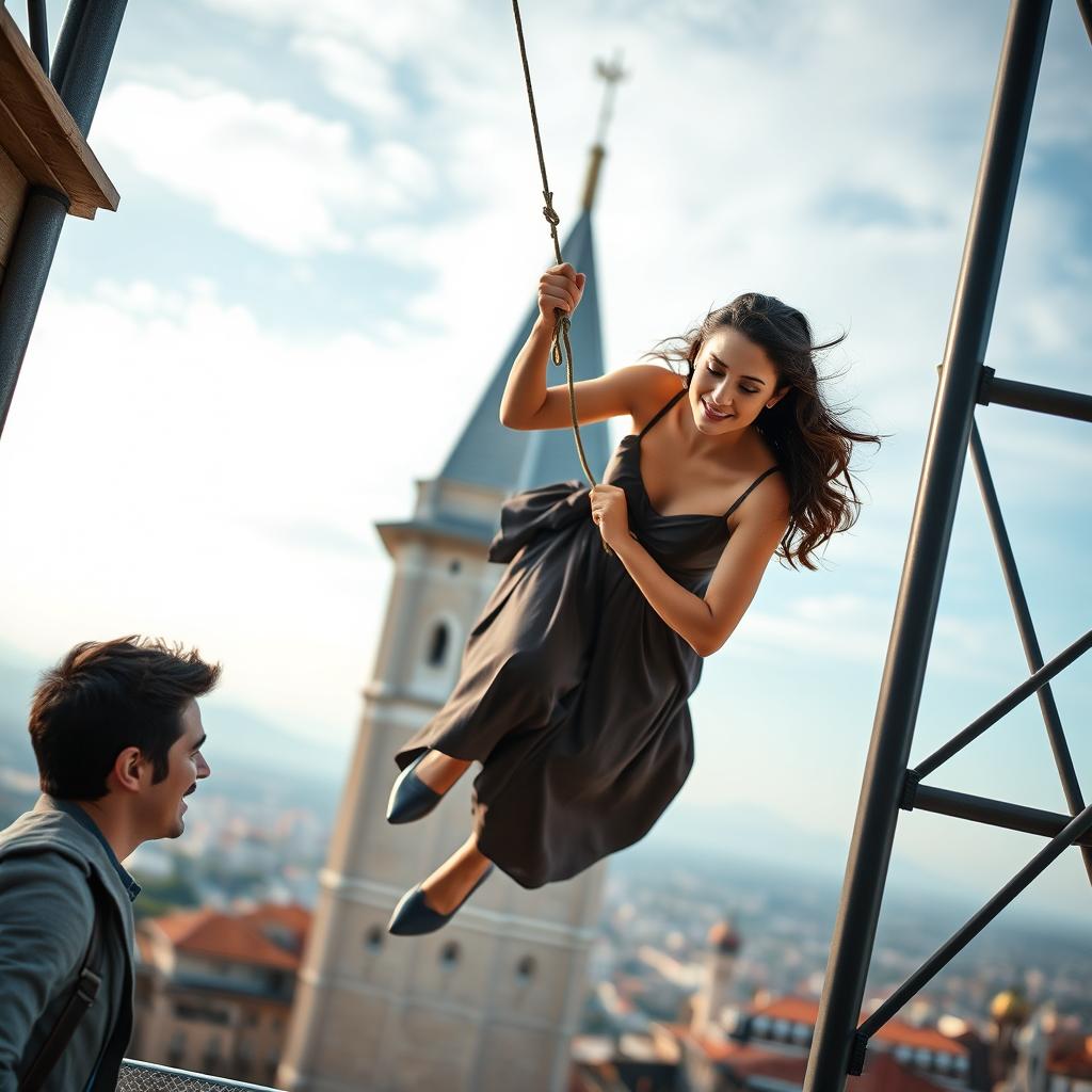 A beautiful woman carefully descending from a tower, her expression focused yet graceful