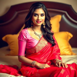 A stunning Indian woman with captivating features, wearing a pink blouse that accentuates her voluptuous figure and a vibrant red saree, elegantly seated on a plush bed