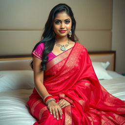 A stunning Indian woman with captivating features, wearing a pink blouse that accentuates her voluptuous figure and a vibrant red saree, elegantly seated on a plush bed