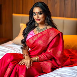 A stunning Indian woman with captivating features, wearing a pink blouse that accentuates her voluptuous figure and a vibrant red saree, elegantly seated on a plush bed