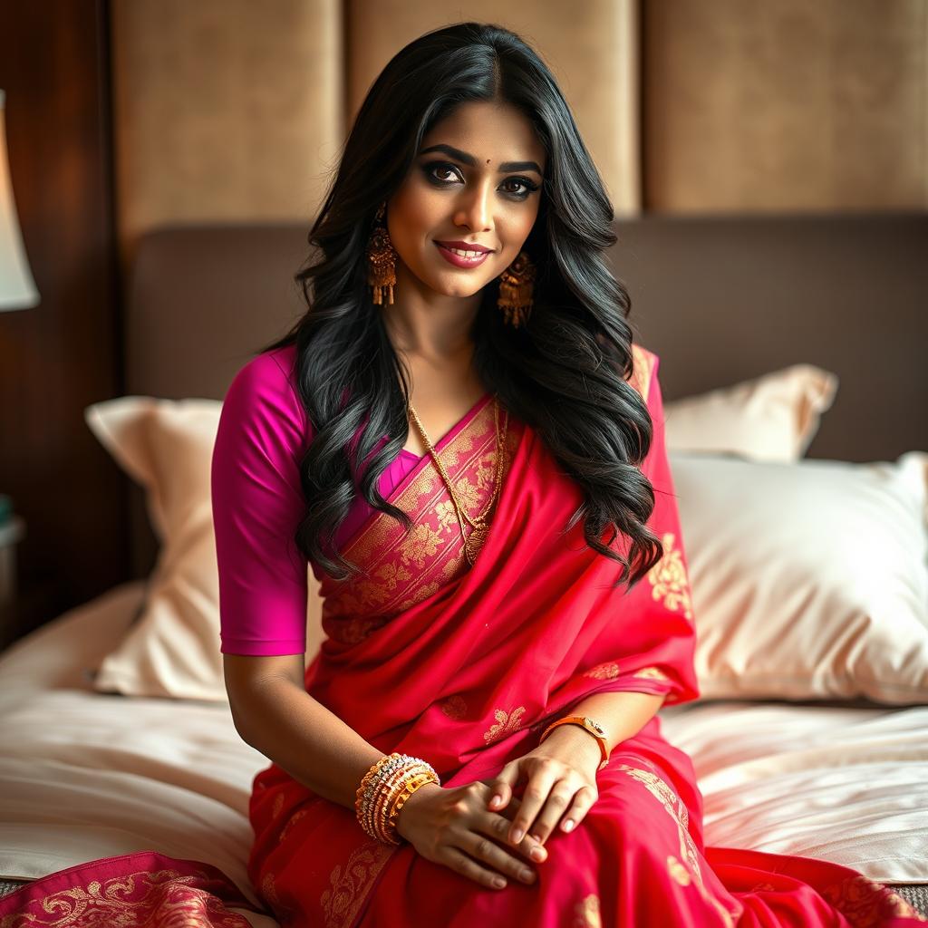 A stunning Indian woman with captivating features, wearing a pink blouse that accentuates her voluptuous figure and a vibrant red saree, elegantly seated on a plush bed