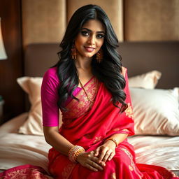 A stunning Indian woman with captivating features, wearing a pink blouse that accentuates her voluptuous figure and a vibrant red saree, elegantly seated on a plush bed