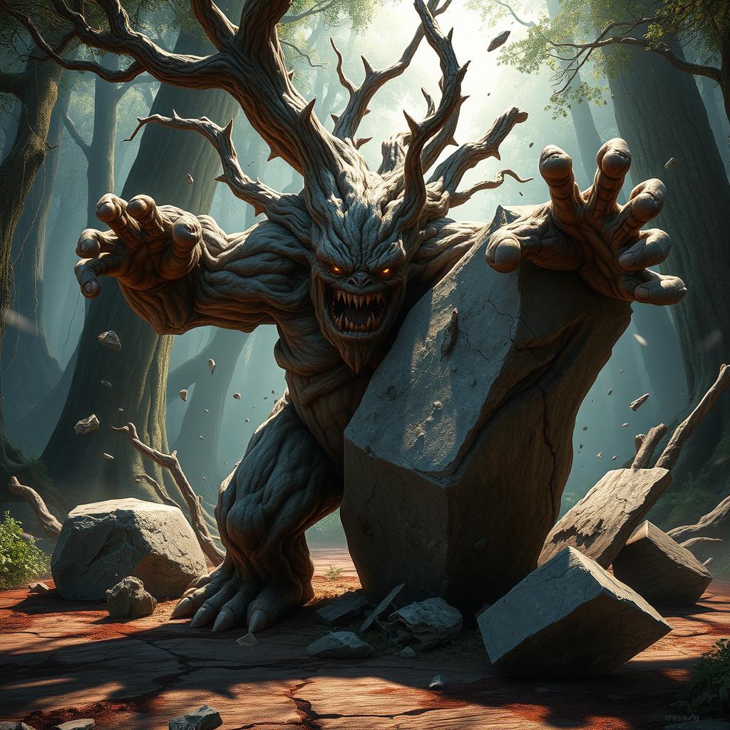 A gnarled, twisted treefolk character, with a rugged and intricate bark texture showcasing deep knots and branches resembling a muscular form, is charging directly at the viewer while splitting a massive boulder into pieces