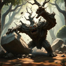 A gnarled, twisted treefolk character, with a rugged and intricate bark texture showcasing deep knots and branches resembling a muscular form, is charging directly at the viewer while splitting a massive boulder into pieces