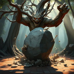 A gnarled, twisted treefolk character, with a rugged and intricate bark texture showcasing deep knots and branches resembling a muscular form, is charging directly at the viewer while splitting a massive boulder into pieces