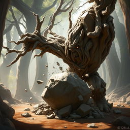 A gnarled, twisted treefolk character, with a rugged and intricate bark texture showcasing deep knots and branches resembling a muscular form, is charging directly at the viewer while splitting a massive boulder into pieces