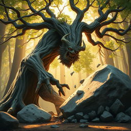 A branching treefolk character, with a wide and twisted trunk adorned with sprawling limbs and vibrant green leaves, is breaking open a large boulder