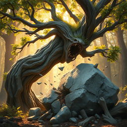 A branching treefolk character, with a wide and twisted trunk adorned with sprawling limbs and vibrant green leaves, is breaking open a large boulder