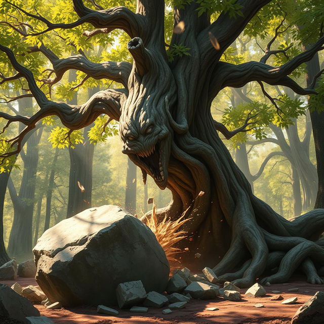 A branching treefolk character, with a wide and twisted trunk adorned with sprawling limbs and vibrant green leaves, is breaking open a large boulder