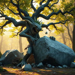 A branching treefolk character, with a wide and twisted trunk adorned with sprawling limbs and vibrant green leaves, is breaking open a large boulder