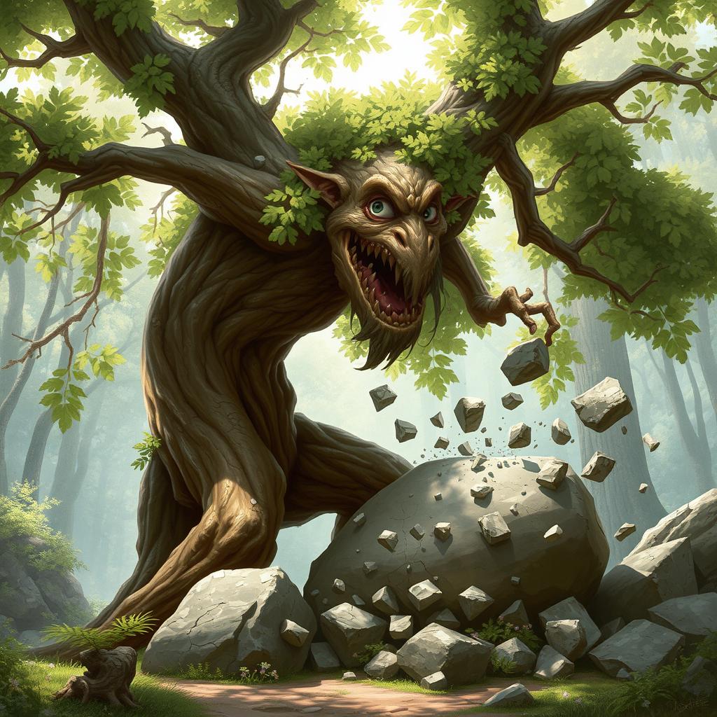 A branching treefolk character, with a robust trunk and sprawling branches full of lush green leaves, is breaking open a large boulder