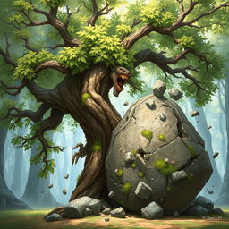 A branching treefolk character, with a robust trunk and sprawling branches full of lush green leaves, is breaking open a large boulder