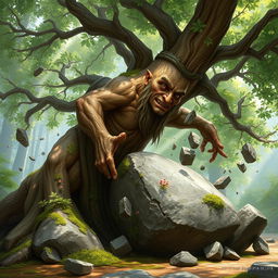 A branching treefolk character, with a robust trunk and sprawling branches full of lush green leaves, is breaking open a large boulder