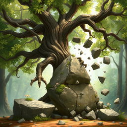 A branching treefolk character, with a robust trunk and sprawling branches full of lush green leaves, is breaking open a large boulder