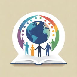 Revamped logo for a social science school showcasing silhouettes of diverse people standing on the pages of an open book that morph into a multicolored globe, illustrating the integration of global cultures and learning.