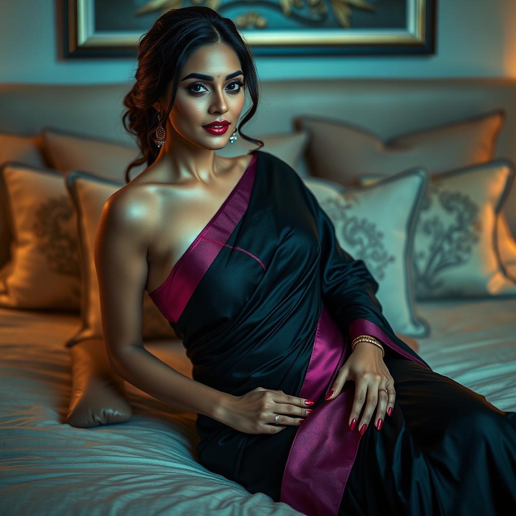 A sensual scene featuring a beautiful Indian woman sitting gracefully on a plush bed, wearing a stylish black saree that elegantly drapes around her body