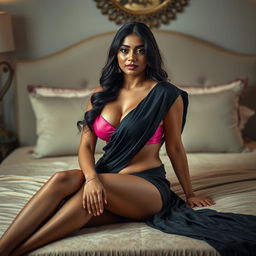 A sensual scene featuring a beautiful Indian woman sitting gracefully on a plush bed, wearing a stylish black saree that elegantly drapes around her body