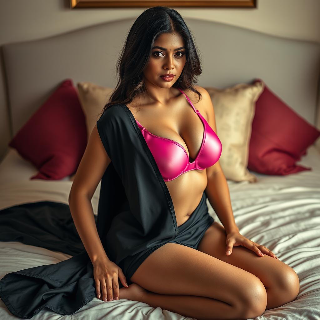 A sensual scene featuring a beautiful Indian woman sitting gracefully on a plush bed, wearing a stylish black saree that elegantly drapes around her body