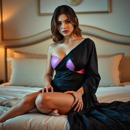 A sensual scene featuring a beautiful British woman sitting elegantly on a luxurious bed, wearing a stylish black saree that beautifully contrasts her fair skin