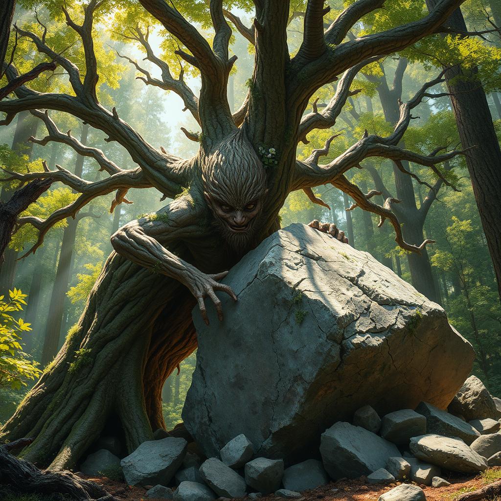 A branching treefolk, characterized by its thick trunk and a multitude of limbs extending outward, is depicted in the powerful act of breaking through a large boulder