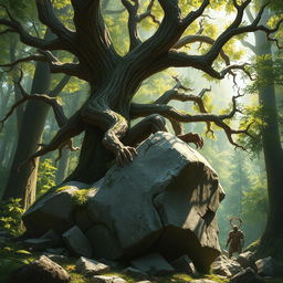 A branching treefolk, characterized by its thick trunk and a multitude of limbs extending outward, is depicted in the powerful act of breaking through a large boulder