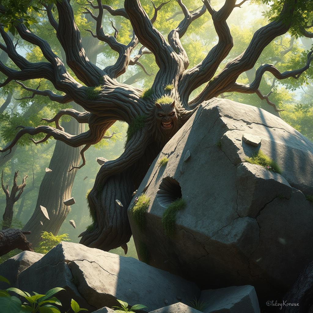 A branching treefolk, characterized by its thick trunk and a multitude of limbs extending outward, is depicted in the powerful act of breaking through a large boulder