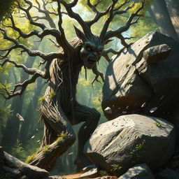 A branching treefolk, characterized by its thick trunk and a multitude of limbs extending outward, is depicted in the powerful act of breaking through a large boulder