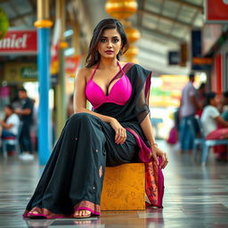 A daring and bold scene featuring a stunning British woman confidently sitting in a vibrant public place, wearing a chic black saree that flows gracefully around her legs