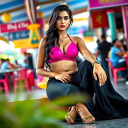 A daring and bold scene featuring a stunning British woman confidently sitting in a vibrant public place, wearing a chic black saree that flows gracefully around her legs