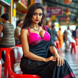 A daring and bold scene featuring a stunning British woman confidently sitting in a vibrant public place, wearing a chic black saree that flows gracefully around her legs